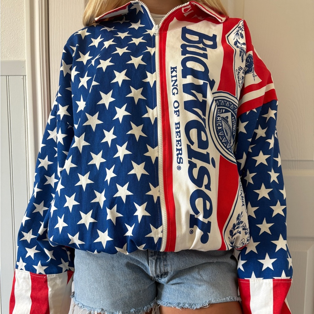 Budweiser Patriotic Red, White, & Blue Jacket All American Made in USA Oversized